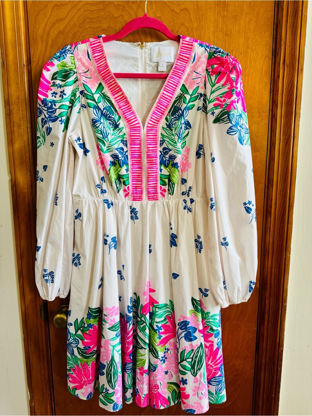 Lilly Pulitzer White Floral Cotton V-Neck Dress with Pink & Blue Accents